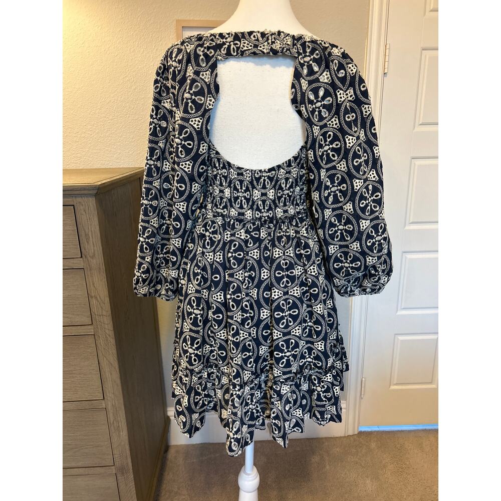 Lucca | 100% Cotton Navy/White Eyelit Babydoll Back Cutout Half Sleeve Dress | M - Picture 10 of 15